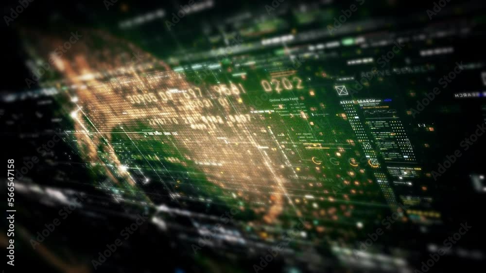 Fototapete Futuristic abstract de-focus data matrix, meta, metaverse, telemetry and encrypt numbers display with particles simulation in cyber space environment for head up display background