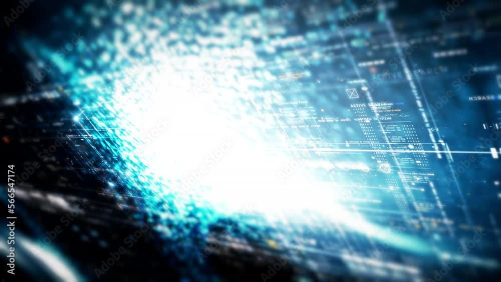 Fototapete Futuristic abstract de-focus data matrix, meta, metaverse, telemetry and encrypt numbers display with particles simulation in cyber space environment for head up display background