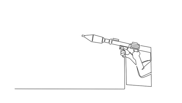 Animated self drawing of continuous line draw hand holding rocket launcher through mobile phone. Concept of RPG games, entertainment application for smartphones. Full length one line animation