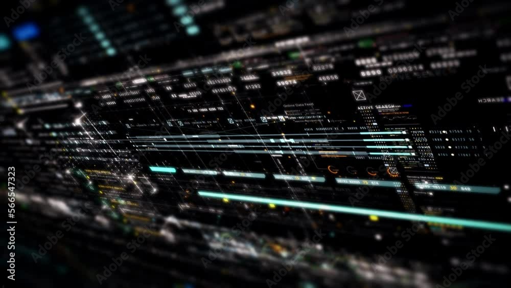 Fototapete Futuristic abstract de-focus data matrix, meta, metaverse, telemetry and encrypt numbers display with particles simulation in cyber space environment for head up display background