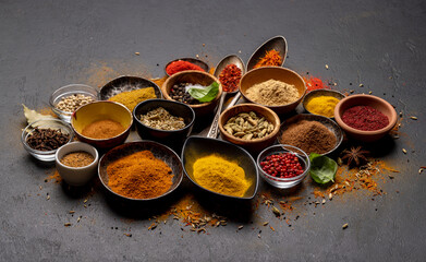 Various spices in bowls and spoons