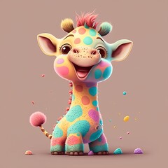 Cute small giraffe contrast colored sitting smiling. Adorable baby giraffe in pixar disney style, generated 3d art illustration. - obrazy, fototapety, plakaty