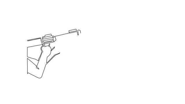 Animated self drawing of continuous line draw hand holding rocket launcher. Rocket launcher with missiles. Soviet Russian rocket and grenades for RPG-7. Game resources. Full length one line animation