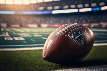 Close up view of american football ball.Blurred stadium background.Super bowl.Created with generative ai