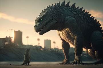 Godzilla standing opposite small iguana.Created with generative ai