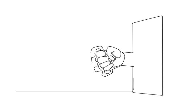 Animated self drawing of continuous line draw hand holding brass knuckles through mobile phone. Concept of fighting games, e-sport, application for smartphone. Full length single line animation