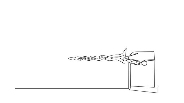 Animated self drawing of continuous line draw hand holding keris through mobile phone. Concept of fighting games, e-sport, entertainment application for smartphones. Full length single line animation