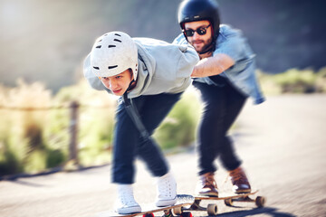 Skating, longboard and friends riding fast on a road, racing downhill with skateboard and helmet for safety. Extreme sports, speed and people or skateboarder in action on mountain pass