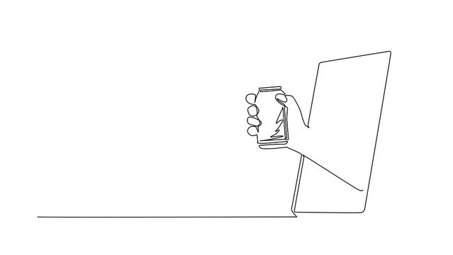 Animated Self Drawing Of Continuous Line Draw Hand Holding Soda Can Through Mobile Phone. Concept Of Drink Order Delivery Online Food. Application For Smartphones. Full Length Single Line Animation