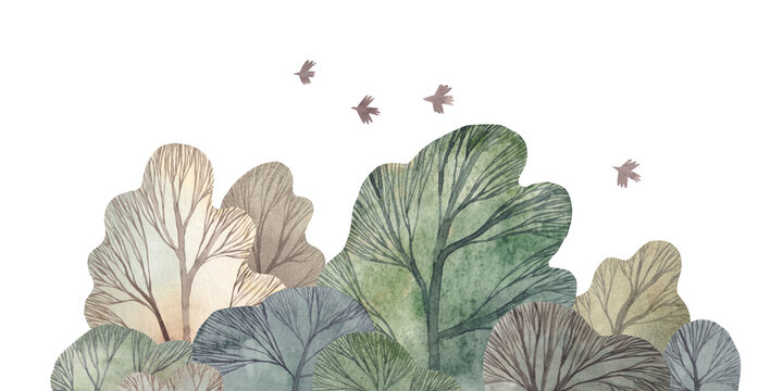 Cute watercolor . Abstract forest. Nature. Forest view.