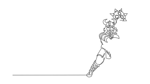Animated self drawing of continuous line draw viking warrior swinging mace. Viking swing attack with mace. Viking barbarian with horned helmet swinging battle mace. Full length one line animation