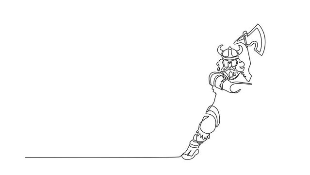 Animated self drawing of continuous line draw viking mascot swinging axe. Viking swing attack with axe. Viking raider barbarian with horned helmet swinging battle axe. Full length one line animation