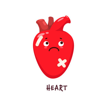 Heart sick body organ character. Injured and unhealthy organ vector personage. Heart attack, health and physiology problem, medical diagnosis, circular and cardiovascular system internal organ disease
