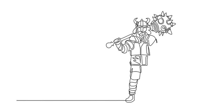 Self drawing animation of single line draw norseman viking raider barbarian wearing horned helmet with beard holding mace and shield on white background. Continuous line draw. Full length animated