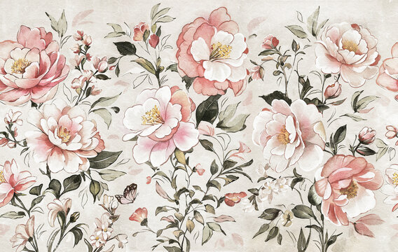 Japanese botanic wallpaper, seamless border with red flowers roses, peonies, watercolor drawing, painting, artwork detailed