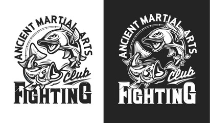 Angry fish mascot, fighting sport club t-shirt print, martial arts vector emblem. Karate, Taekwondo or Muay Thai kickboxing and Jiujitsu or Judo fighting badge for sport club sign with motto slogan