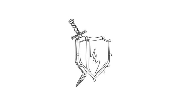 Animated self drawing of continuous line draw shield, crossed swords, flat design swords, shield icon, sword icon conception with shield icon, blade and shield. Full length single line animation
