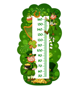 Kids height chart with cartoon leprechauns. Vector growth measure meter or wall ruler sticker with centimeter scale, St Patrick leprechauns, pot of gold, lucky shamrock leaf and golden horseshoe