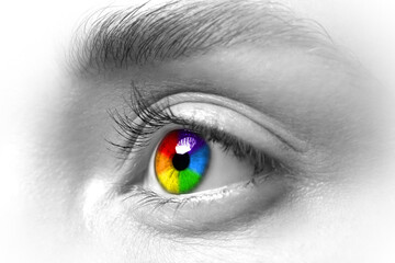 Beautiful woman, closeup. Focus on left eye, iris in rainbow colors
