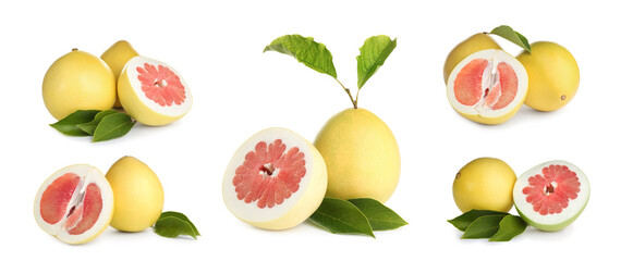 Collage with fresh pomelo fruits on white background