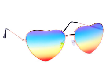 Rainbow heart shaped sunglasses isolated on white