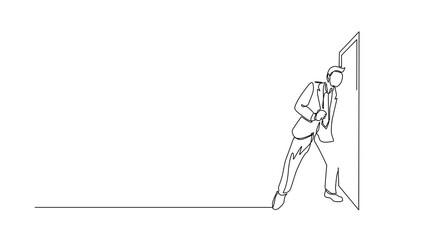 Self drawing animation of single one line draw young man eavesdropping at the door. Curious businessman listening to conversation. Privacy violation concept. Continuous line draw. Full length animated