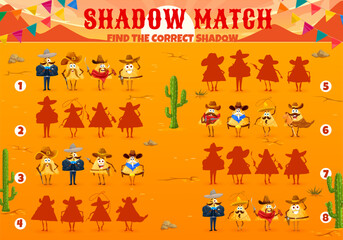 Shadow match game vector worksheet, cowboy, bandit and sheriff mexican nachos characters. Find correct shadow game, puzzle or quiz of kids education with funny cartoon nacho chips, sombrero hats, guns