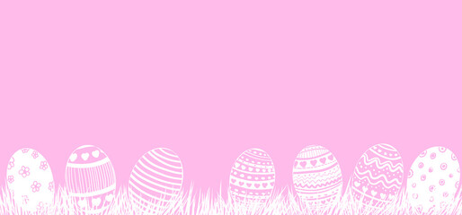 Vector illustration of flat easter eggs in white on pink background, simple cute design, banner or header, motive for greeting cards