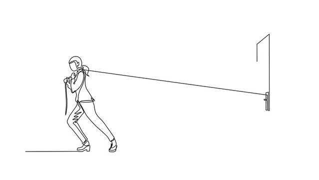 Animated self drawing of continuous line draw businesswoman trying hard to pulling rope to drag heavy door, metaphor to facing big problem. Struggles. Success. Full length one line animation