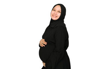 Happy Pregnant woman hands holding belly on white background. beautiful young pregnant mother on white background.