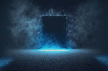 Plakat Abstract dark blue background, perspective concrete floor, empty dark scene, spotlight, glowing, flares, smoke float up, for display products. Generative AI.