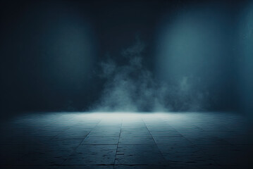 Abstract dark blue background, perspective concrete floor, empty dark scene, spotlight, glowing, flares, smoke float up, for display products. Generative AI.