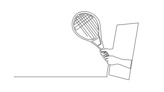 Animated self drawing of continuous line draw player hand holds tennis racket through mobile phone. Smartphone with tennis app. Mobile sports stream championship. Full length single line animation