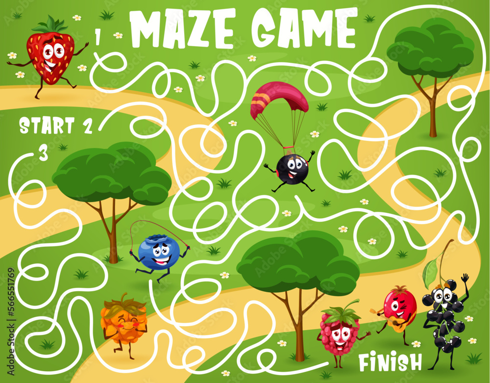Poster labyrinth maze game. cartoon cheerful berry character on summer vacation. child game or maze with st