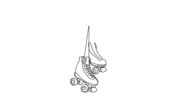 Self drawing animation of single one line draw player hand holds roller skate. Hand holding pair of old retro plastic quad roller skate shoes. Vintage sport. Continuous line draw design graphic vector
