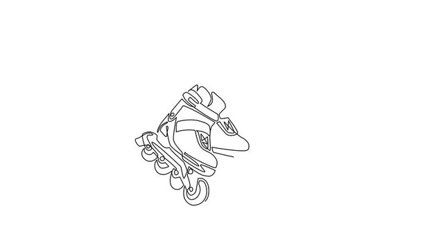 Self drawing animation of single line draw player hand holds rollerblade. Man hand holding pair of plastic inline skates shoes. Vintage classic sport. Continuous line draw. Full length animated