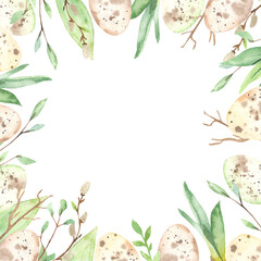 Watercolor square frame with Easter quail eggs, branches, leaves, greenery