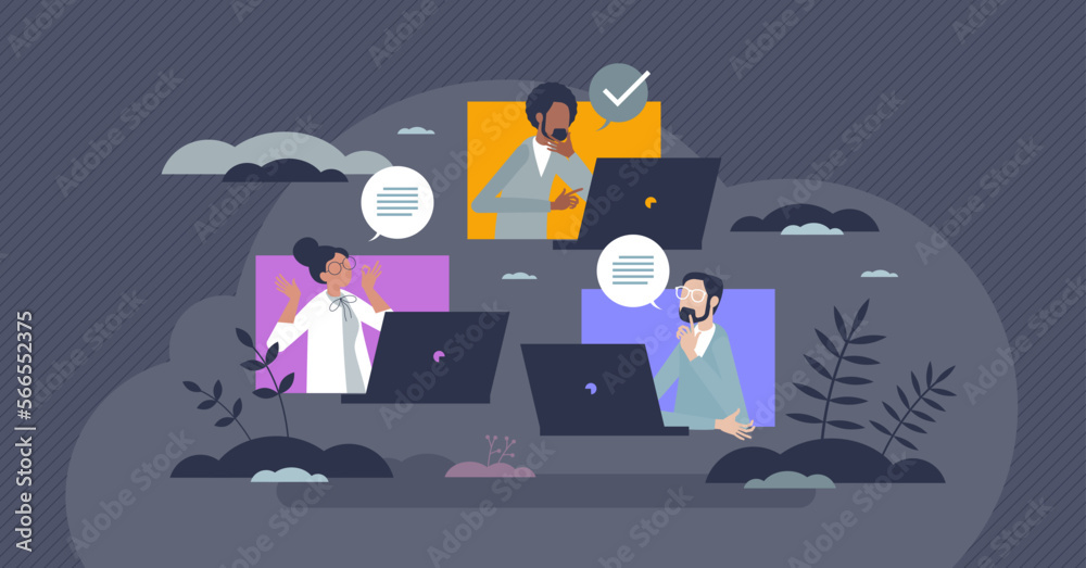 Wall mural remote collaboration and distant team communication tiny person concept. teamwork project with onlin