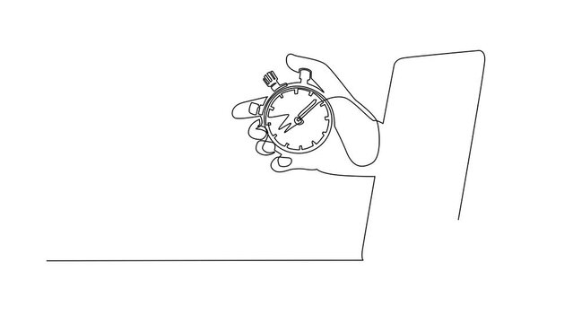 Animated self drawing of continuous line draw trainer hand holds stopwatch through mobile phone. Smartphone with training sport app. Mobile sport stream championship. Full length one line animation