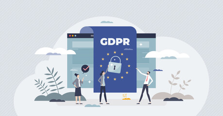 GDPR or general data protection regulation as EU law tiny person concept. Personal informational privacy with european union legal act vector illustration. Protect digital cyberspace from info leakage - obrazy, fototapety, plakaty