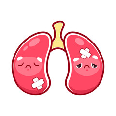 Cartoon sick lungs character. Injured and unhealthy human organ. Physiology and health problem, human lungs disease, medical diagnosis or body respiratory system internal organ sick and sad personage