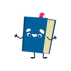 Cartoon textbook, cute smiling book in blue cover waving hands. Funny notebook or bestseller character. Isolated vector happy personage for kids education, library, back to school or story telling