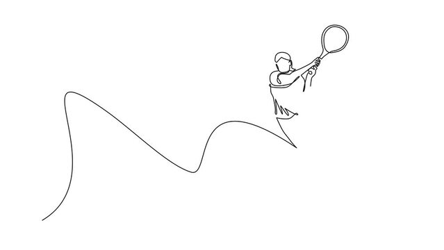 Self drawing animation of single line draw happy female tennis player hit opponent's ball. Tennis professional tournament. Sport exercise healthy concept. Continuous line draw. Full length animated