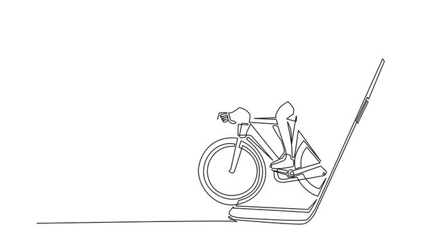Animated self drawing of continuous line draw woman bicycle racer focus train her speed at training session getting out of smartphone screen. Mobile sports play matches. Full length one line animation