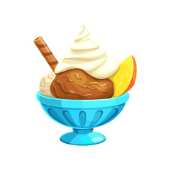 Cartoon ice cream in bowl with waffle stick and citrus fruit slice. Isolated vector sweet cream and chocolate dessert, icecream in cup, dairy product, cold delicious food portion