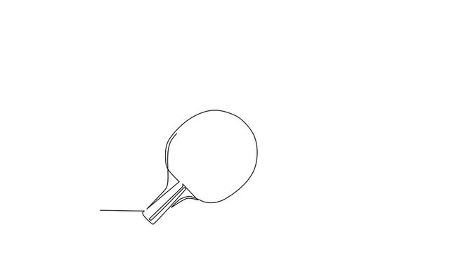 Animated self drawing of continuous line draw table tennis racket, ball. Ping-pong game. Sports equipment. Ping pong racket ball close up isolated on white background. Full length one line animation
