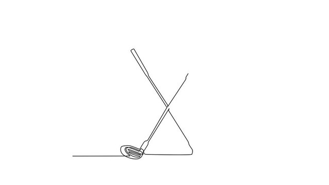 Self drawing animation of single line draw crossed golf clubs, ball. Golf equipment logo in flat style isolated. Symbol for your web site, logo, app, UI. Continuous line draw. Full length animated