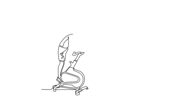 Self Drawing Animation Of Single Line Draw Man Doing Cardio. Stationary Bike. Spinning Exercise. Young Man Doing Routine Exercise At Home Using Static Bike. Continuous Line Draw. Full Length Aniimated