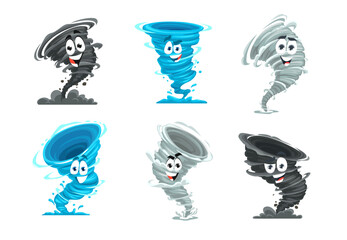 Cartoon tornado mascot. Storm, cyclone characters, cheerful tornado twister vector. Blue water, black wind cloud and grey dust whirlwind, hurricane and thunderstorm weather forecast personages