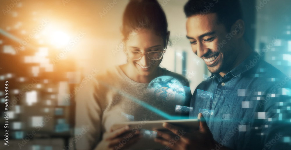 Aufkleber creative business people, tablet and future innovation for networking, planning or collaboration at 